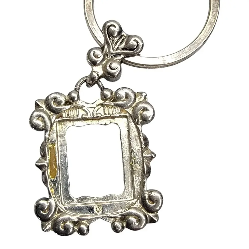 Vintage Ornate Mini Picture Frame Keychain Silver Tone Baroque Charm Key Ring